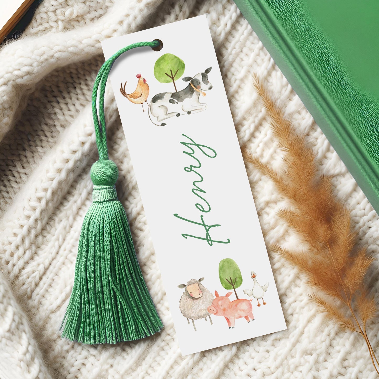 Personalised Farm Animal Bookmark for Children, With Green Tassel
