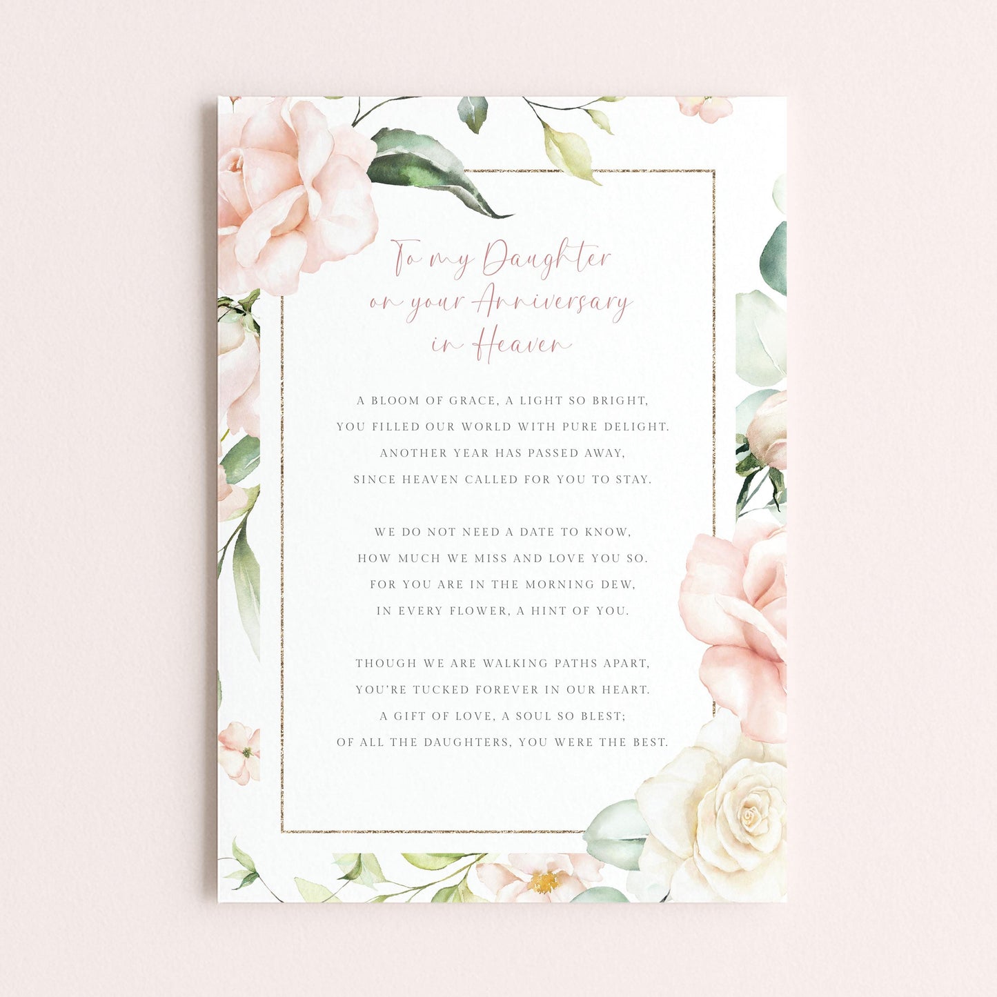 Personalised Daughter Anniversary of Passing Graveside Card, Pink Roses Design
