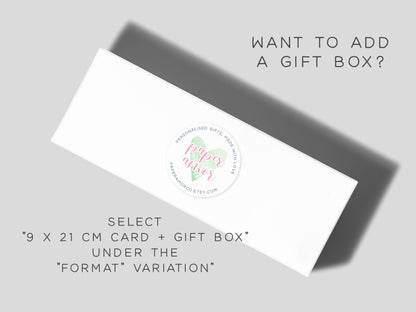 The image is an advertisement for a gift box service, featuring a white rectangular box with a label that reads "Paper Love" and "Select 9 x 21 cm Card + Gift Box Under The 'Format' Variation".