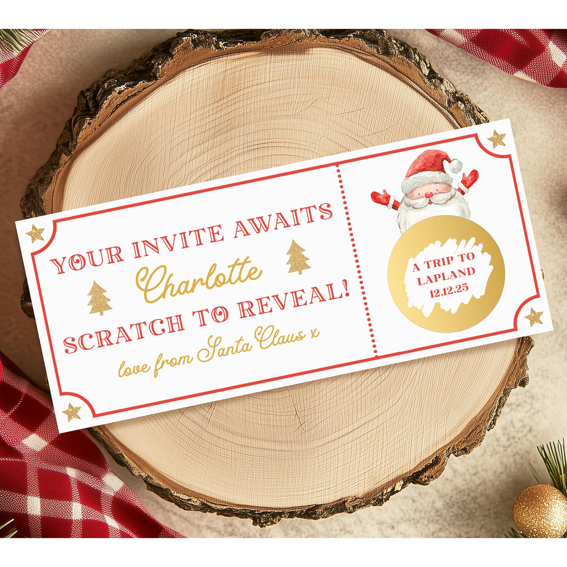 personalised gold scratch off santa lapland boarding pass ticket white smooth matte cardstock red envelope