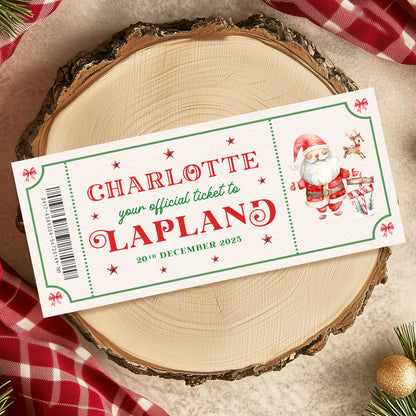 A ticket for Charlotte to Lapland, featuring a Santa Claus illustration, is displayed on a wooden surface.