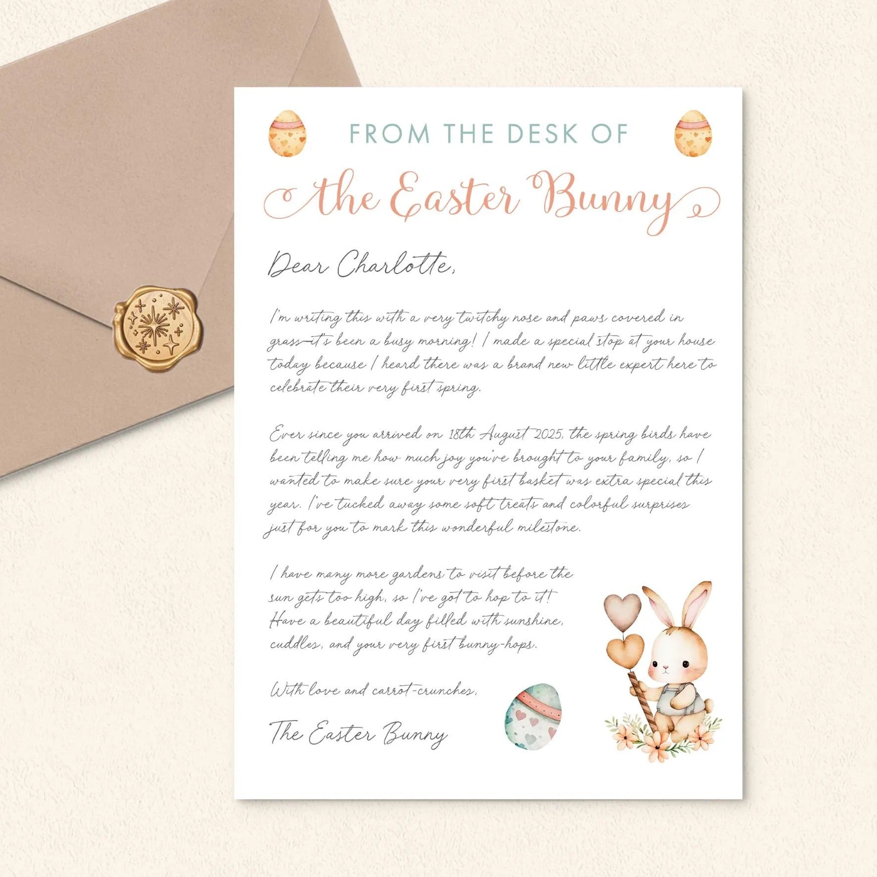 a letter addressed to "The Easter Bunny" written in a cursive font. The letter is addressed to "Charlotte" and includes an illustration of a bunny holding an Easter egg. The letter appears to be a personal message from the author to the recipient, expressing love and appreciation.