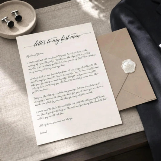a formal letter on a table, along with a pair of cufflinks and a suit jacket, suggesting a formal or special occasion.