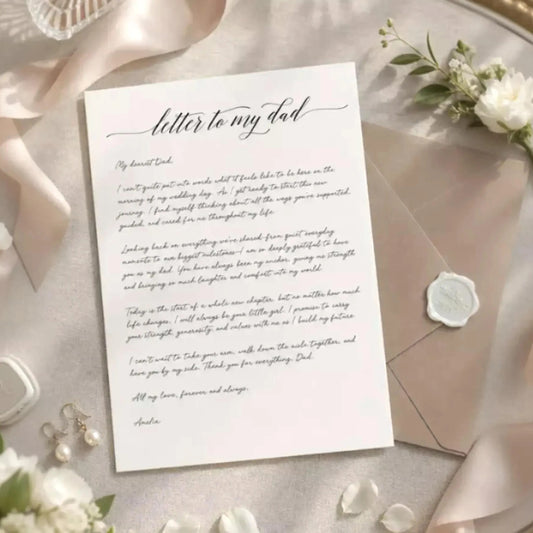 a handwritten letter on a white paper, surrounded by various decorative elements such as flowers, ribbons, and a wax seal.
