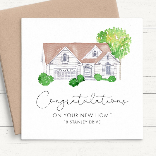 congratulations card with a house and trees