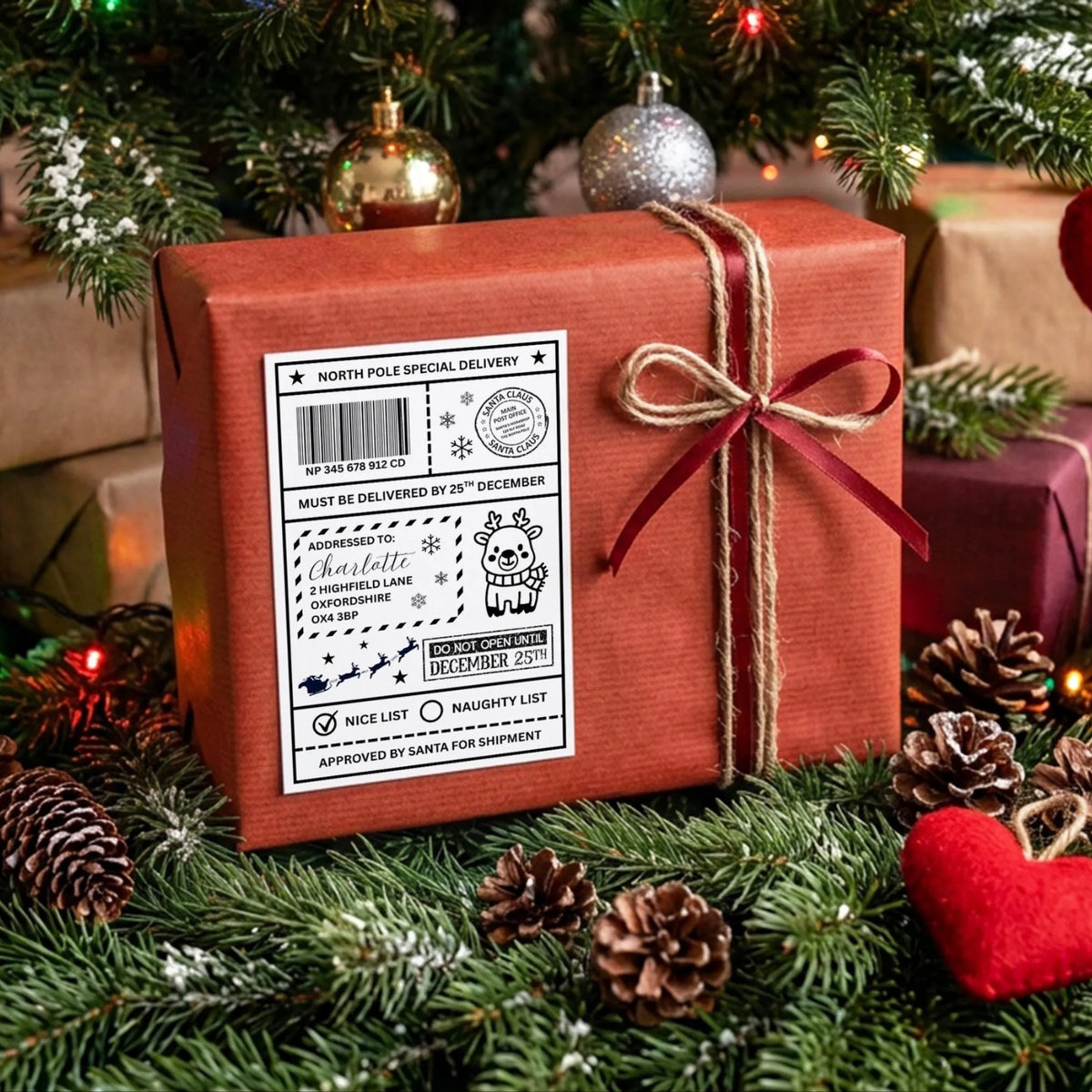A large red gift box with a white label, surrounded by pine cones, pine needles, and other Christmas decorations, with a Santa Claus ornament visible in the background.
