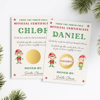 personalised naughty or nice scratch off certificate card gold circle smooth matte cardstock A6 size kraft brown envelope