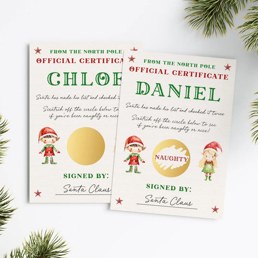 personalised naughty or nice scratch off certificate card gold circle smooth matte cardstock A6 size kraft brown envelope