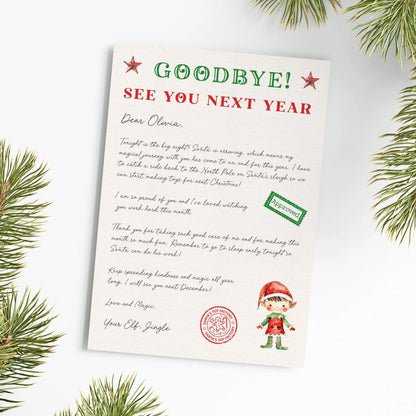 A "Goodbye!" letter from "Your Elf Jungle" to "Oliver" is displayed on a white background, surrounded by pine branches.