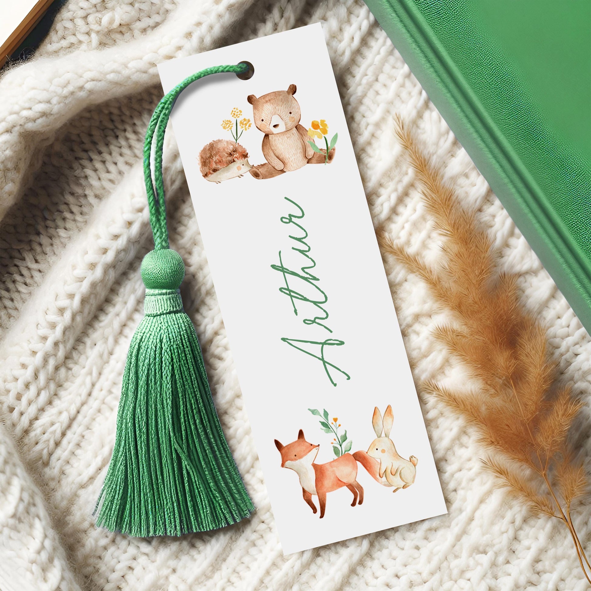 personalised woodland animals bookmark green tassel smooth white cardstock glossy laminated waterproof finish