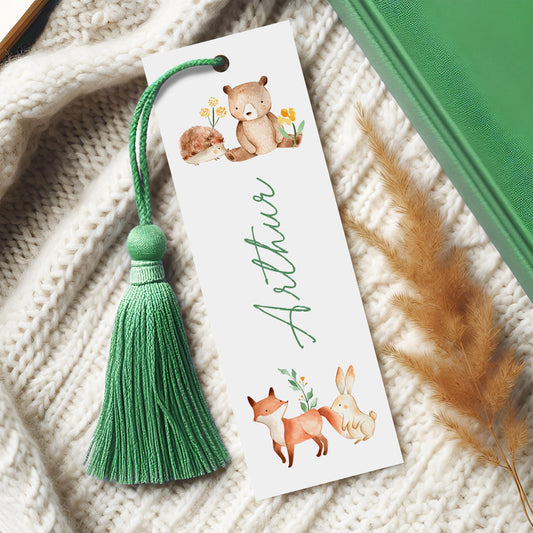 Personalized Woodland Animal Bookmark for Kids, With Green Tassel