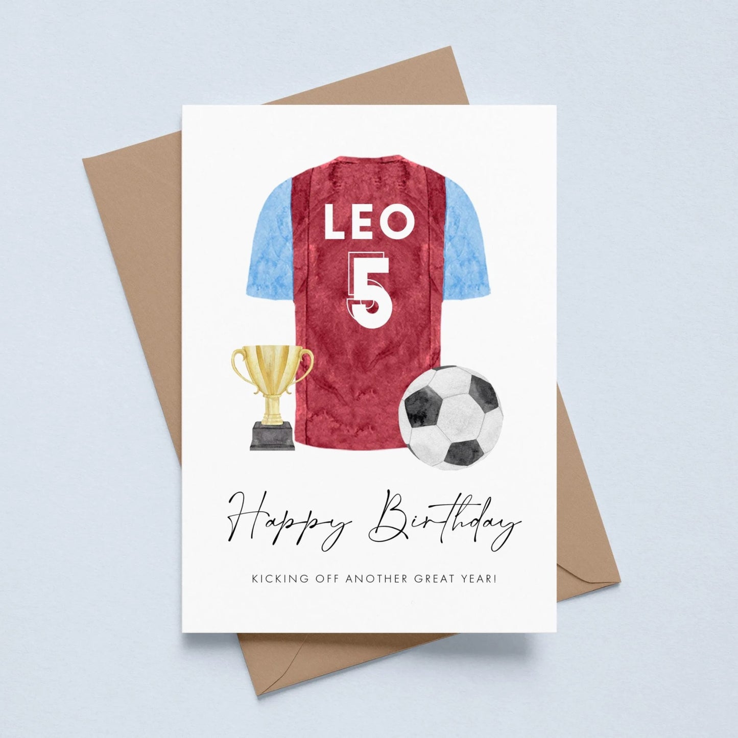 personalised red and blue west ham football shirt birthday card age 5 smooth matte white cardstock kraft brown envelope