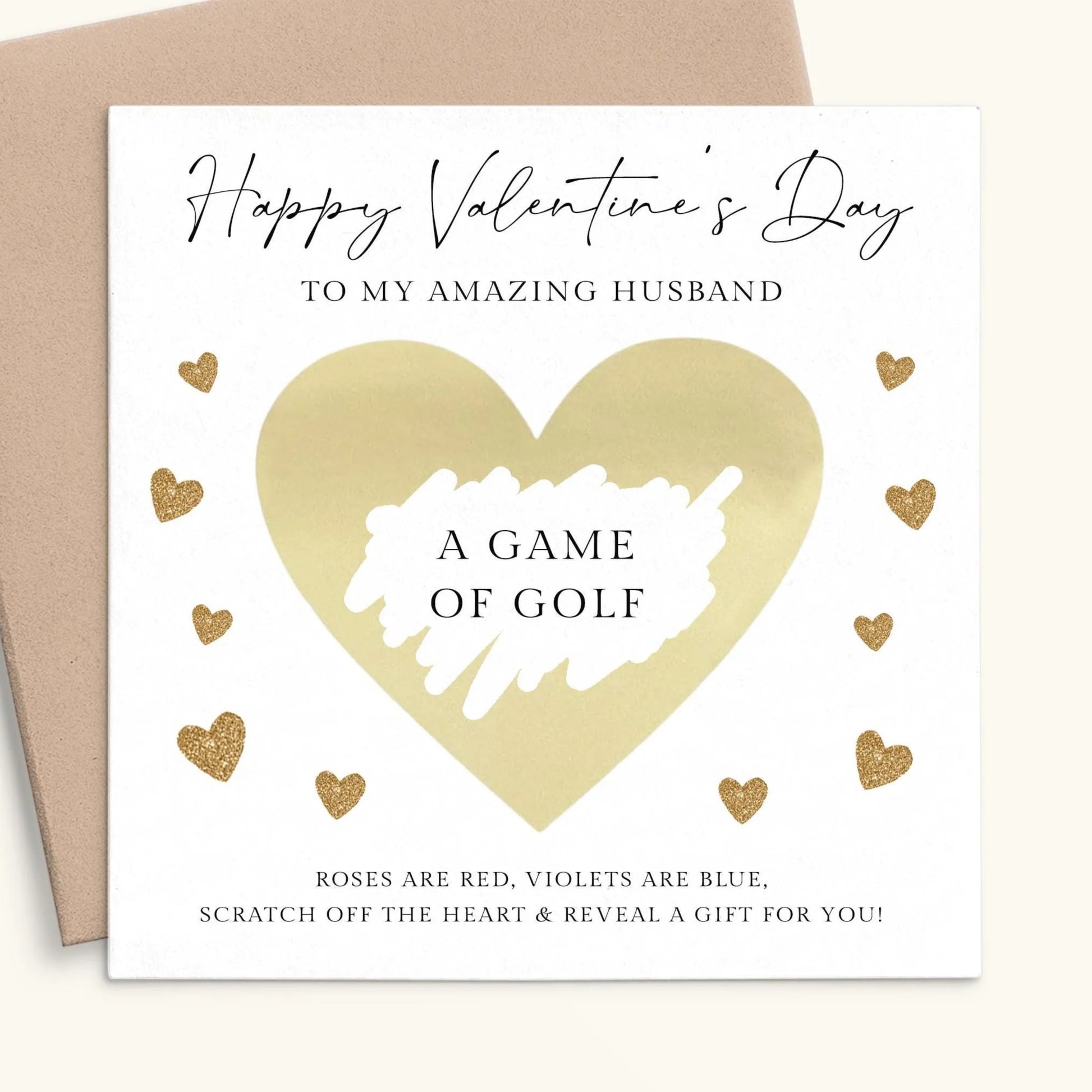 gold scratch off heart personalised valentines card for him smooth matte white cardstock kraft brown envelope square