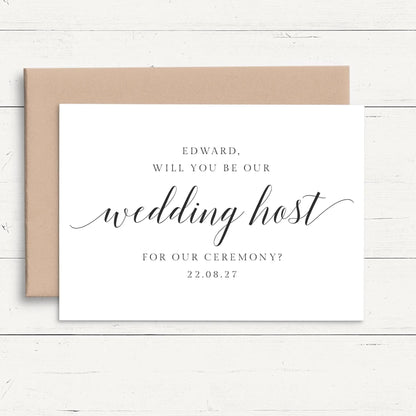 personalised will you be our wedding host proposal card smooth matte white cardstock kraft brown envelope