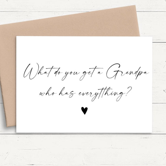 a card with a question about what a grandpa has, and there is a heart symbol at the bottom.