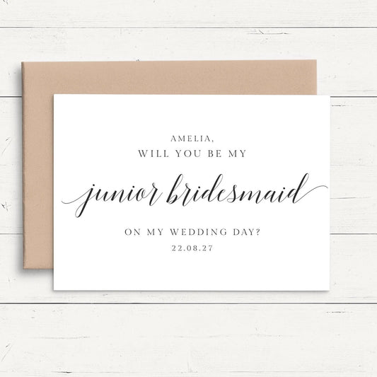 a wedding invitation card with a message about a junior bridesmaid.
