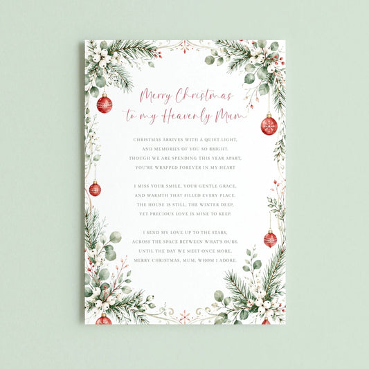 The image is a Christmas card with a floral border and red and white ornaments. The card features a heartfelt message expressing love and appreciation for a mother, with a poem about the joy of Christmas and the love shared between a mother and her child.
