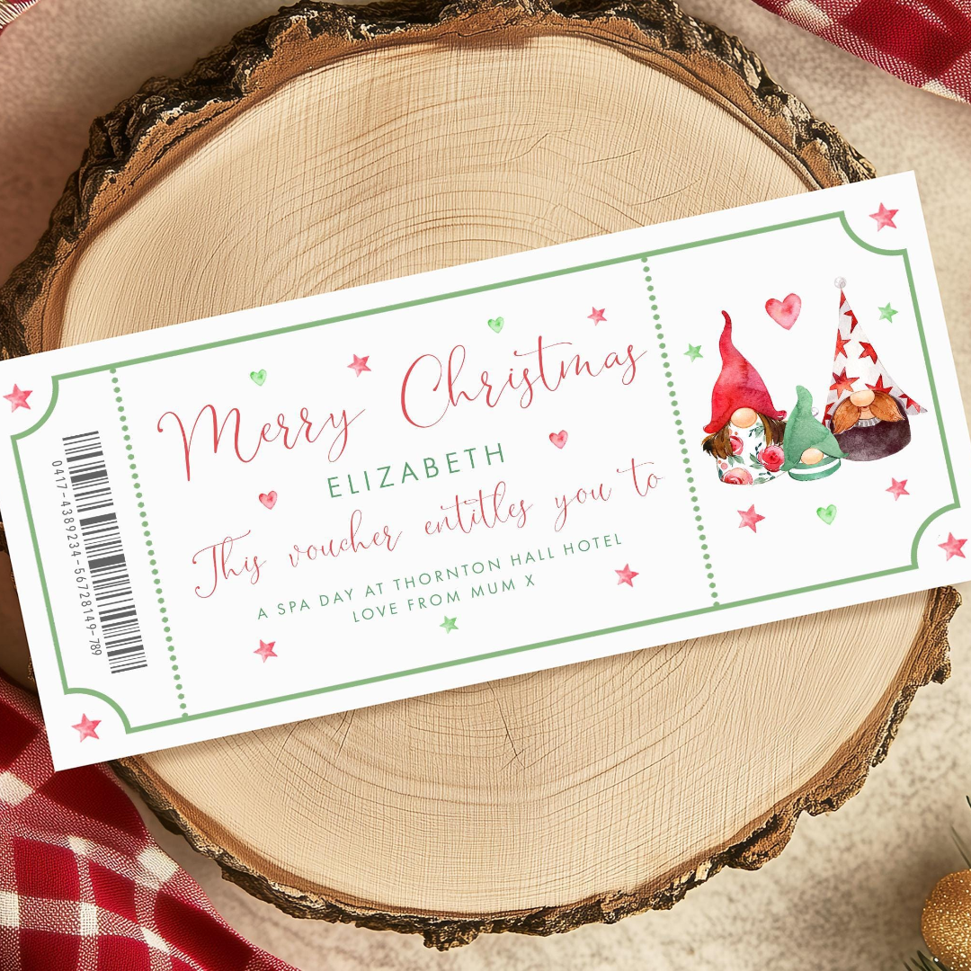 A Christmas-themed gift voucher for Elizabeth, which includes a spa day at the Thornton Hall Hotel.