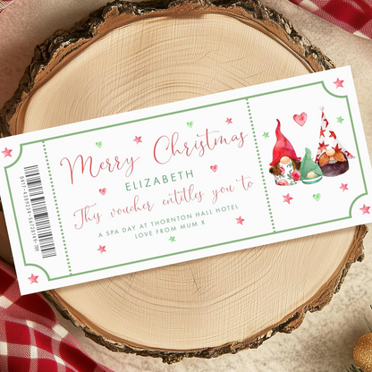 A Christmas-themed gift voucher for Elizabeth, which includes a spa day at the Thornton Hall Hotel.
