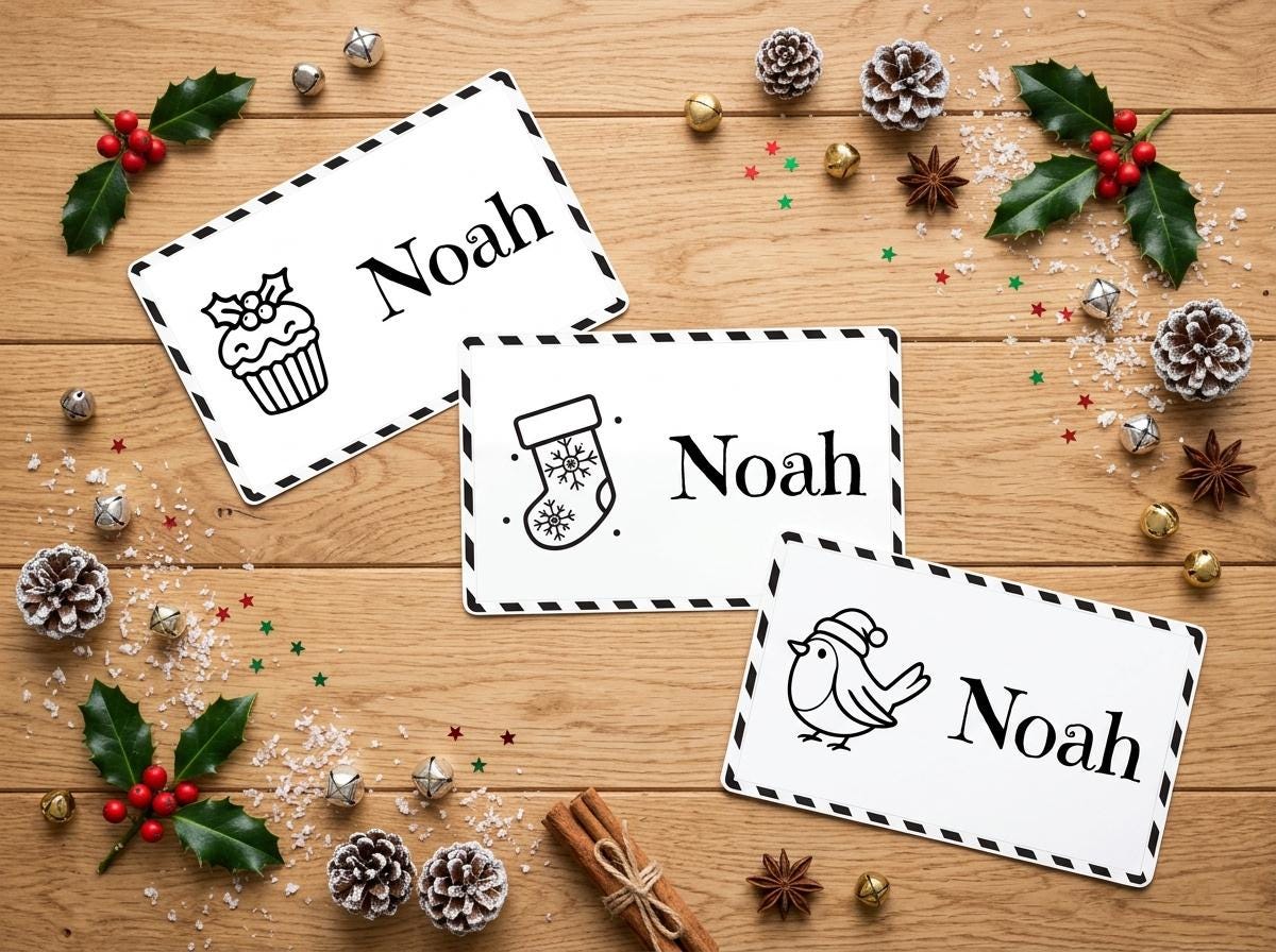 three name cards with illustrations of a cupcake, a stocking, and a bird, surrounded by Christmas decorations such as pine cones, berries, and star anise.