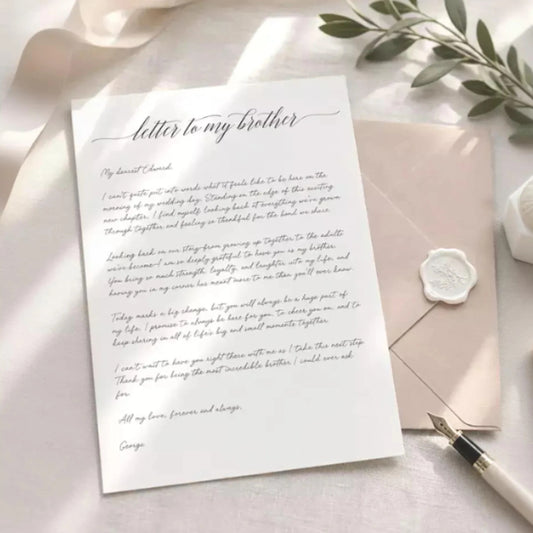 a handwritten letter on a white paper, accompanied by a pen, a white envelope, and a small white flower. The letter appears to be addressed to the brother of the person who wrote it, and it contains a heartfelt message expressing love and appreciation.
