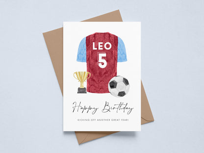 Personalised Manchester Football Happy Birthday Card Age 6, Light Blue Shirt