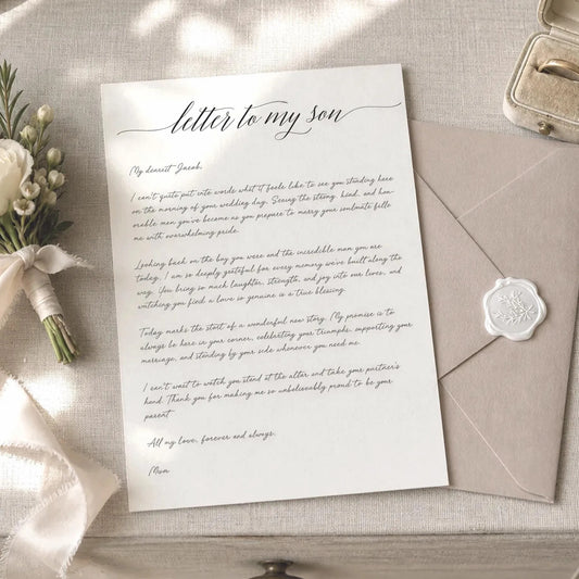 a letter to my son placed on a table, with a small bouquet of flowers and a ring box nearby.