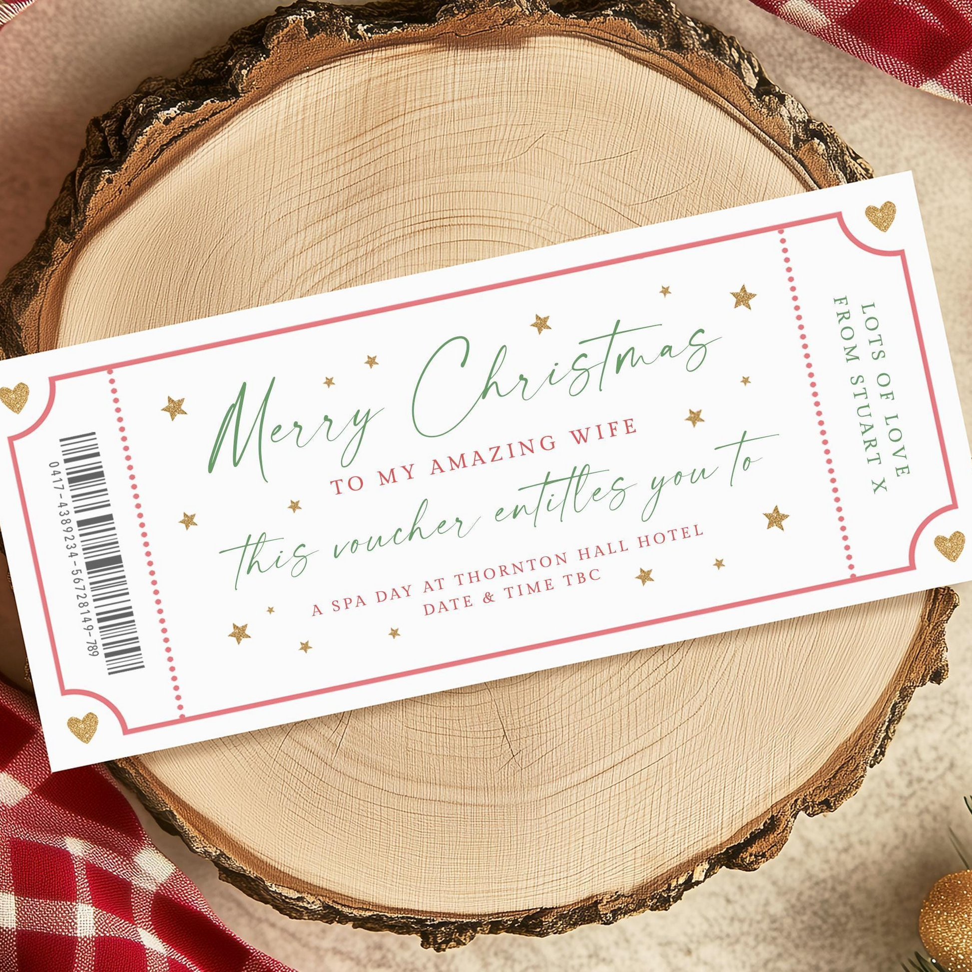 A Christmas gift voucher for a spa day at Thornston Hall Hotel, with a personalized message for an amazing wife.