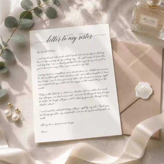 a letter on a white paper with a wax seal, surrounded by a branch of greenery and a bottle of perfume, all placed on a white surface.