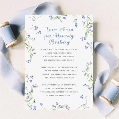 personalised son heavenly birthday grave card blue forget me not flowers smooth white cardstock glossy laminated waterproof finish