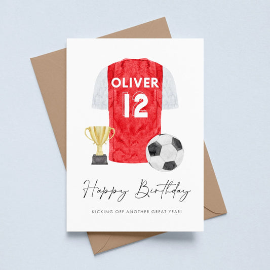 personalised red and white arsenal football shirt birthday card 12 year old boy smooth matte white cardstock kraft brown envelope