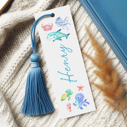 personalised under the sea creatures bookmark blue tassel smooth white cardstock glossy laminated waterproof finish