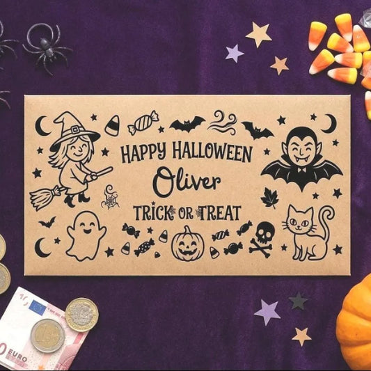 a Halloween-themed envelope with various Halloween-related illustrations and text, surrounded by Halloween decorations and candy.
