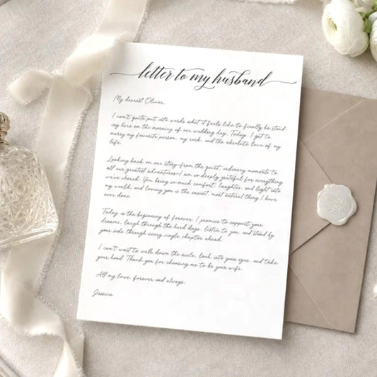 a formal letter addressed to a husband, accompanied by a bottle of perfume and a pair of earrings, all placed on a table.