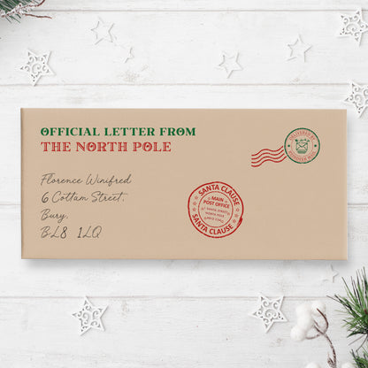 The image is an official letter from Santa Claus, addressed to Florence Winfred, with a stamp indicating it is a delivery from the North Pole.