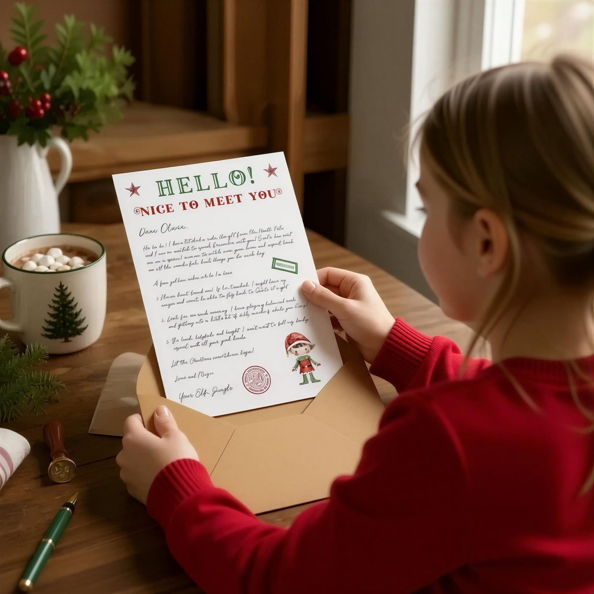 A young girl in a red sweater is holding a letter addressed to "Hello! Nice to meet you!" The letter appears to be a Christmas letter addressed to a Santa Claus, with a mug of hot chocolate and a Christmas tree visible in the background.