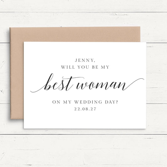 A white card with black text, placed on a wooden surface.