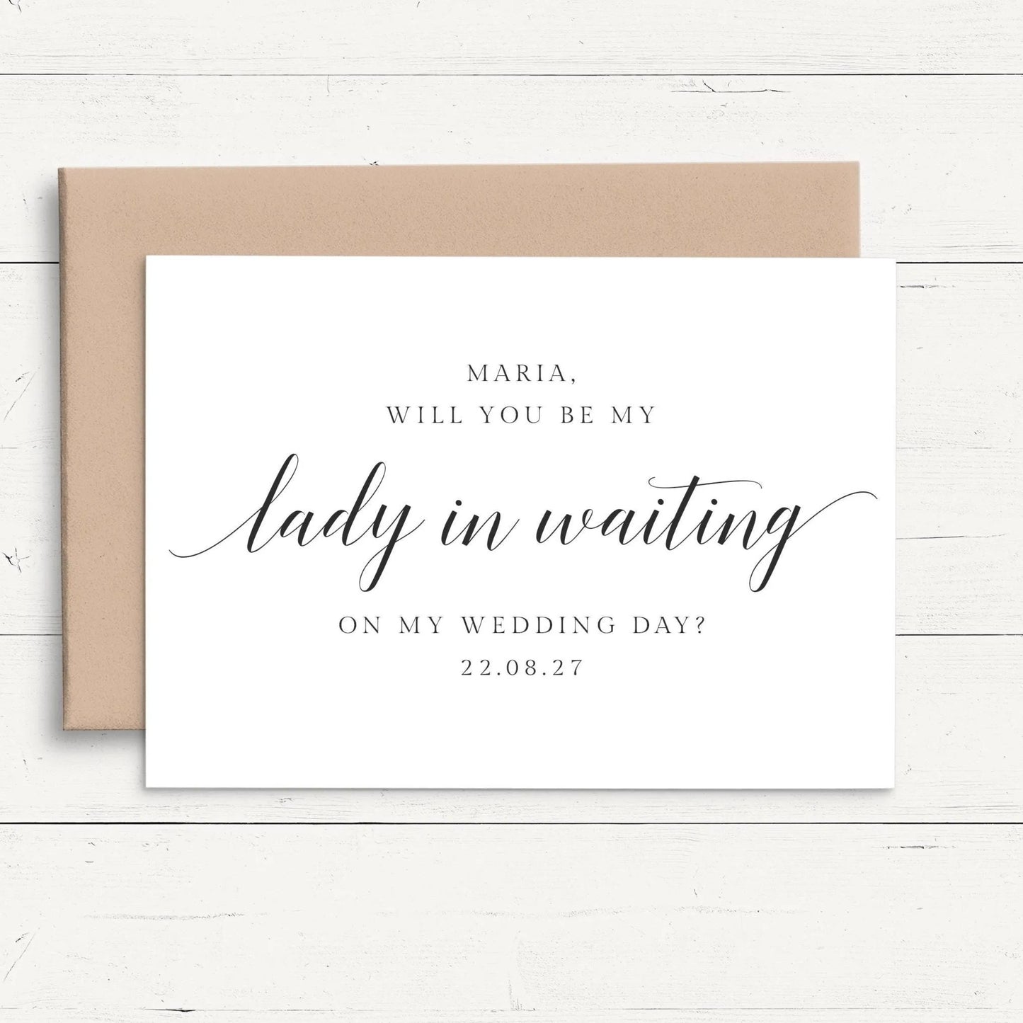 personalised will you be my lady in waiting proposal card smooth matte white cardstock kraft brown envelope
