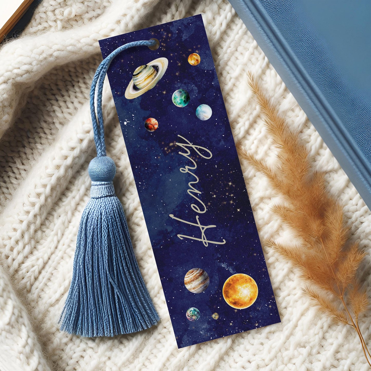 Personalised Space Bookmark for Children, With Blue Tassel