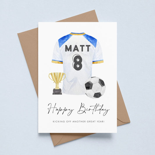 personalised blue and yellow football shirt birthday card 8 year old boy smooth matte white cardstock kraft brown envelope