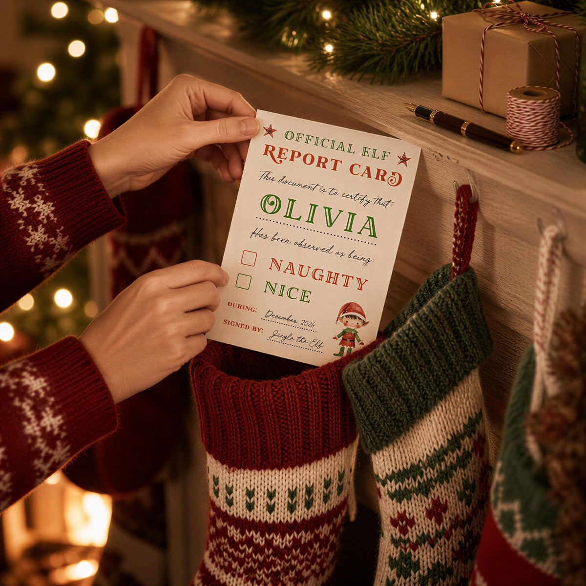A person's hands are holding a white paper card with a Christmas stocking attached to it, which appears to be a report card for an elf.