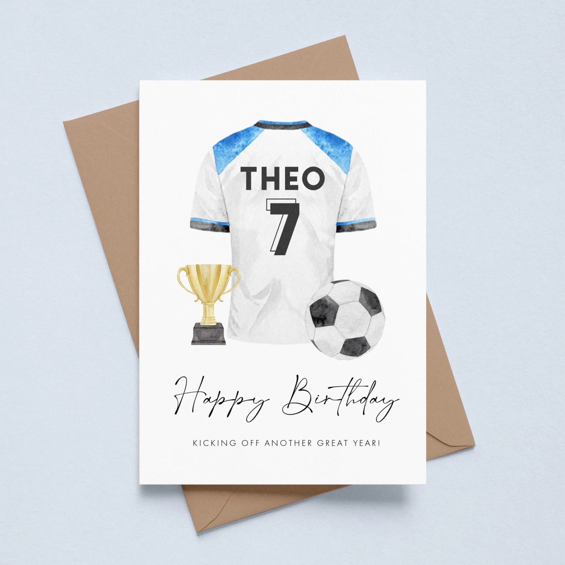 personalised blue and white tottenham football shirt birthday card 7 year old boy smooth matte white cardstock kraft brown envelope