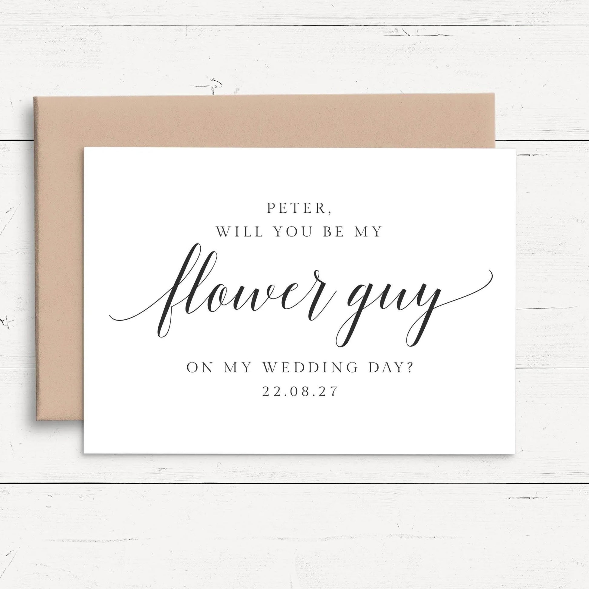 personalised will you be my flower guy proposal card smooth matte white cardstock kraft brown envelope