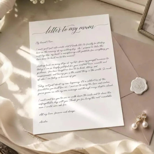 a letter to a mother, a framed photograph of a bride, and some pearls and a ribbon on a table.