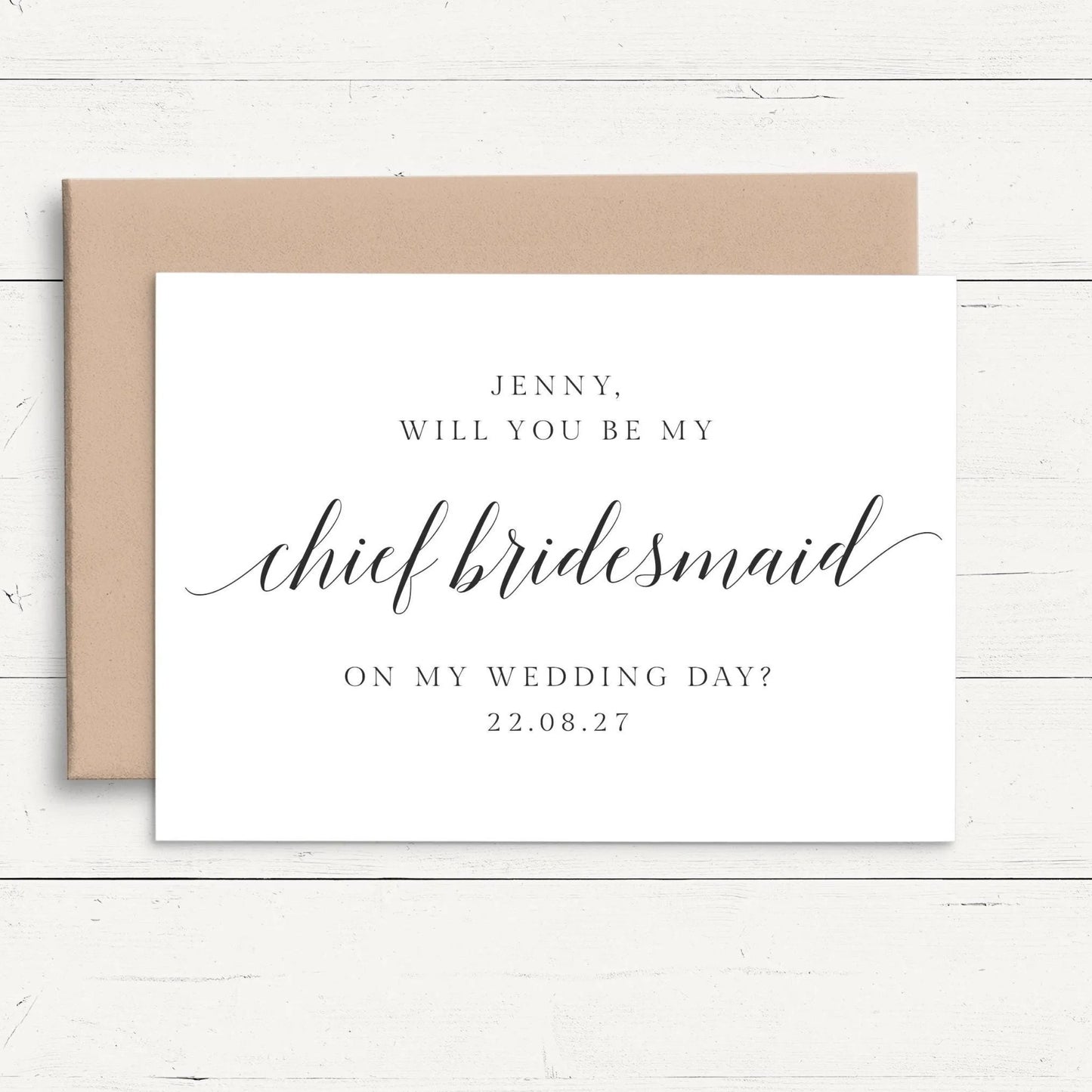 personalised will you be my chief bridesmaid proposal card smooth matte white cardstock kraft brown envelope