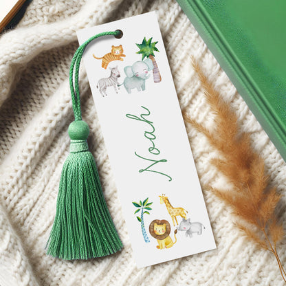 personalised safari animals bookmark green tassel smooth white cardstock glossy laminated waterproof finish