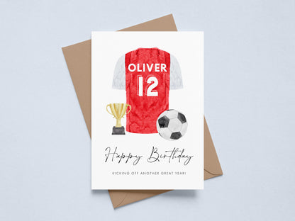 Personalised Grandson Football Birthday Card Age 5 West Ham, Red & Blue Shirt