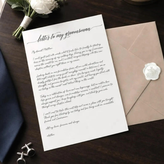 a formal letter on a wooden surface, accompanied by a bouquet of flowers, a watch, and a piece of paper with a wax seal.