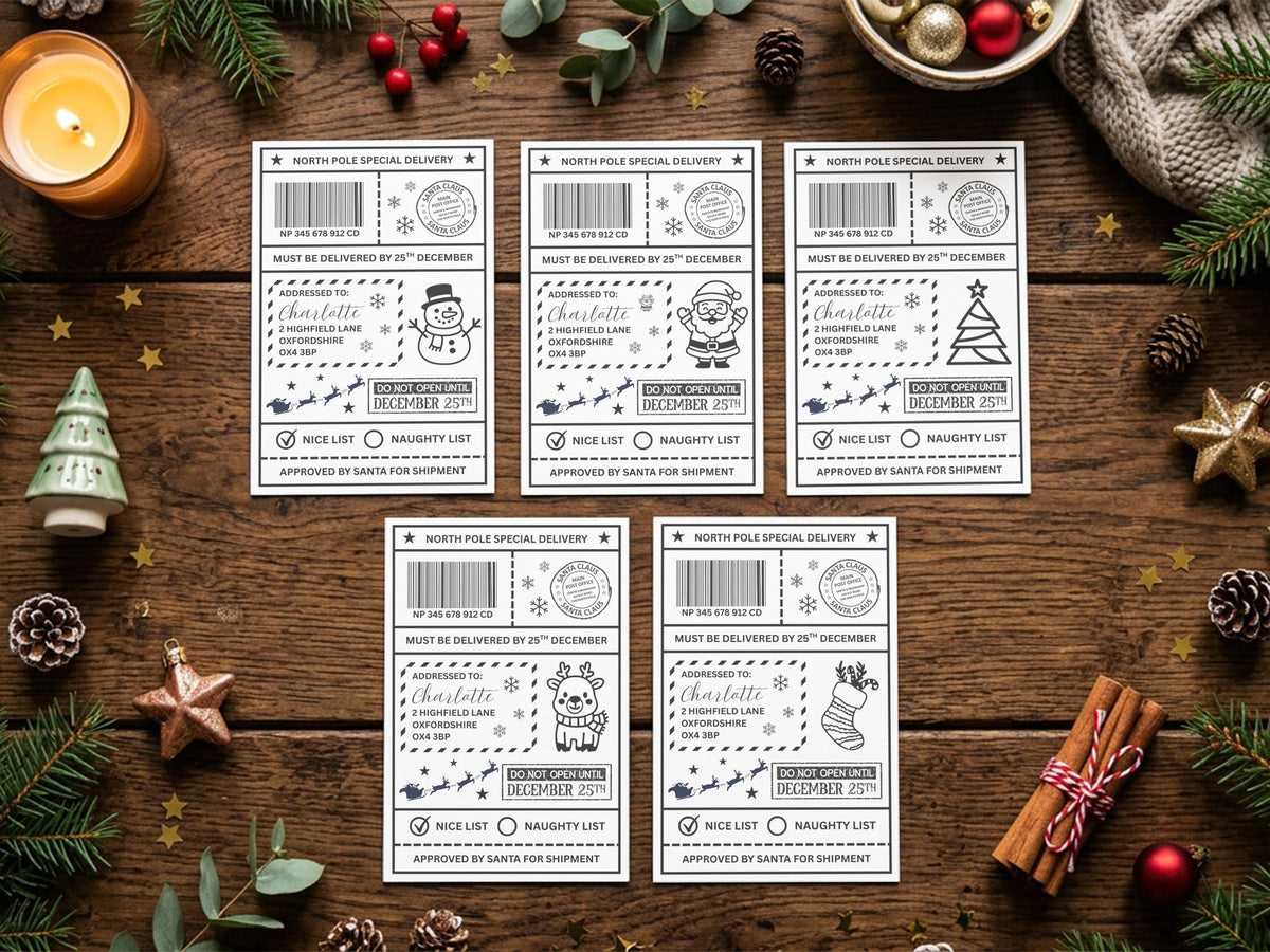 a collection of Christmas-themed items arranged on a wooden surface, including a candle, pine cones, ornaments, and a Santa Claus figurine. The items are surrounded by holiday decorations such as pine branches, berries, and a star. The image also contains several Christmas-themed gift cards or tickets, suggesting a festive holiday setting.