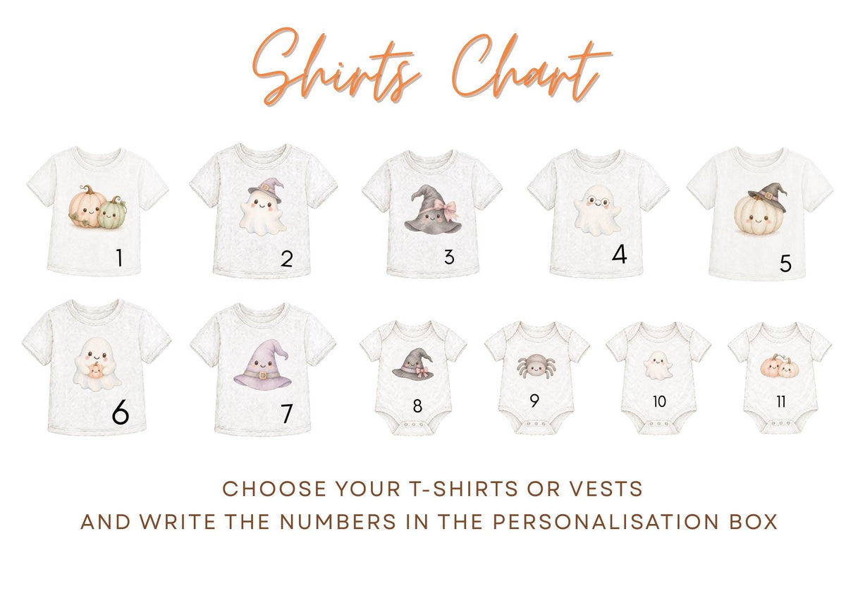 a collection of t-shirts or vests with various Halloween-themed designs, including ghost, pumpkin, witch, spider, and other spooky or festive motifs.